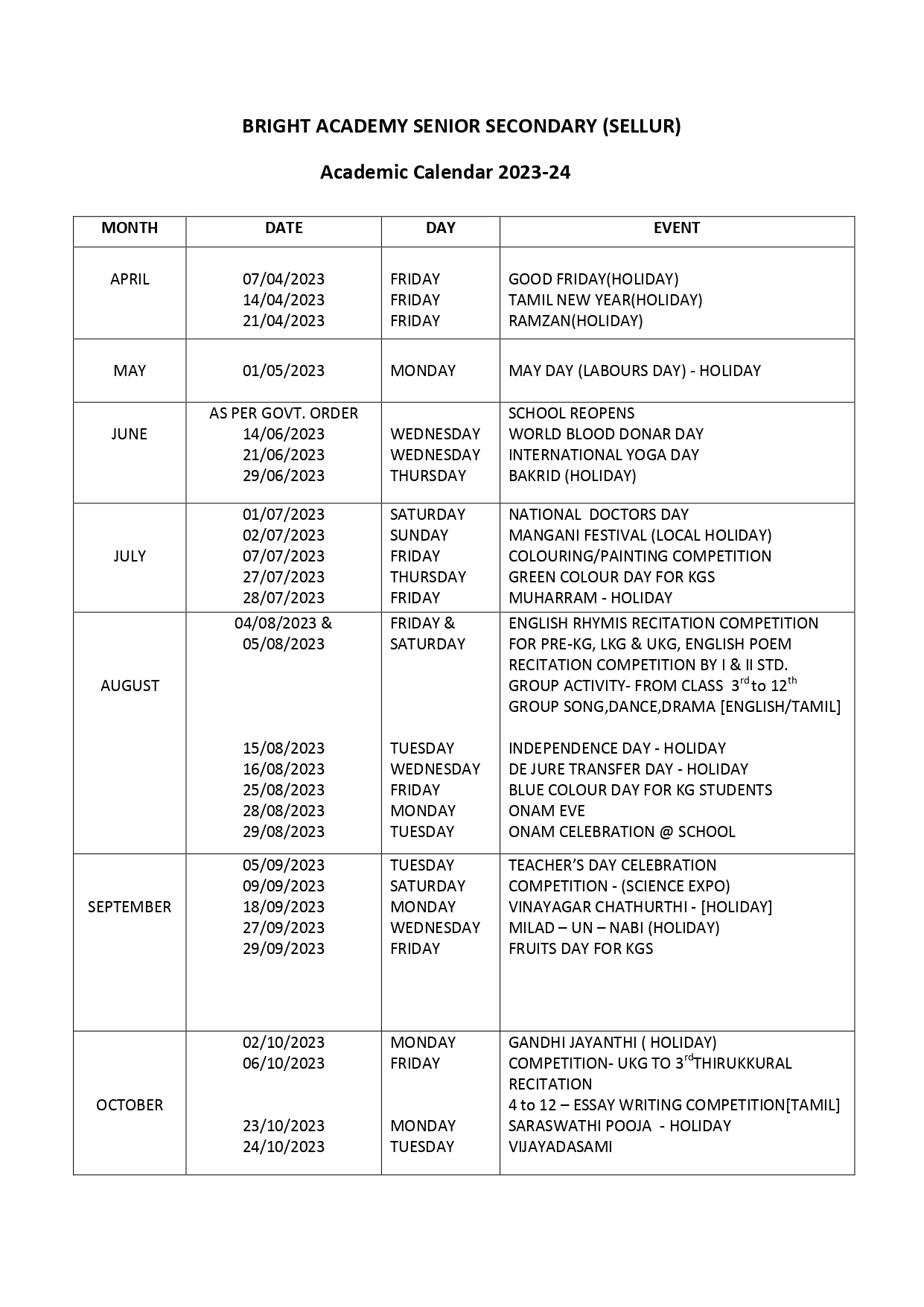 Academic Calender – BRIGHT ACADEMY SENIOR SECONDARY, SELLUR
